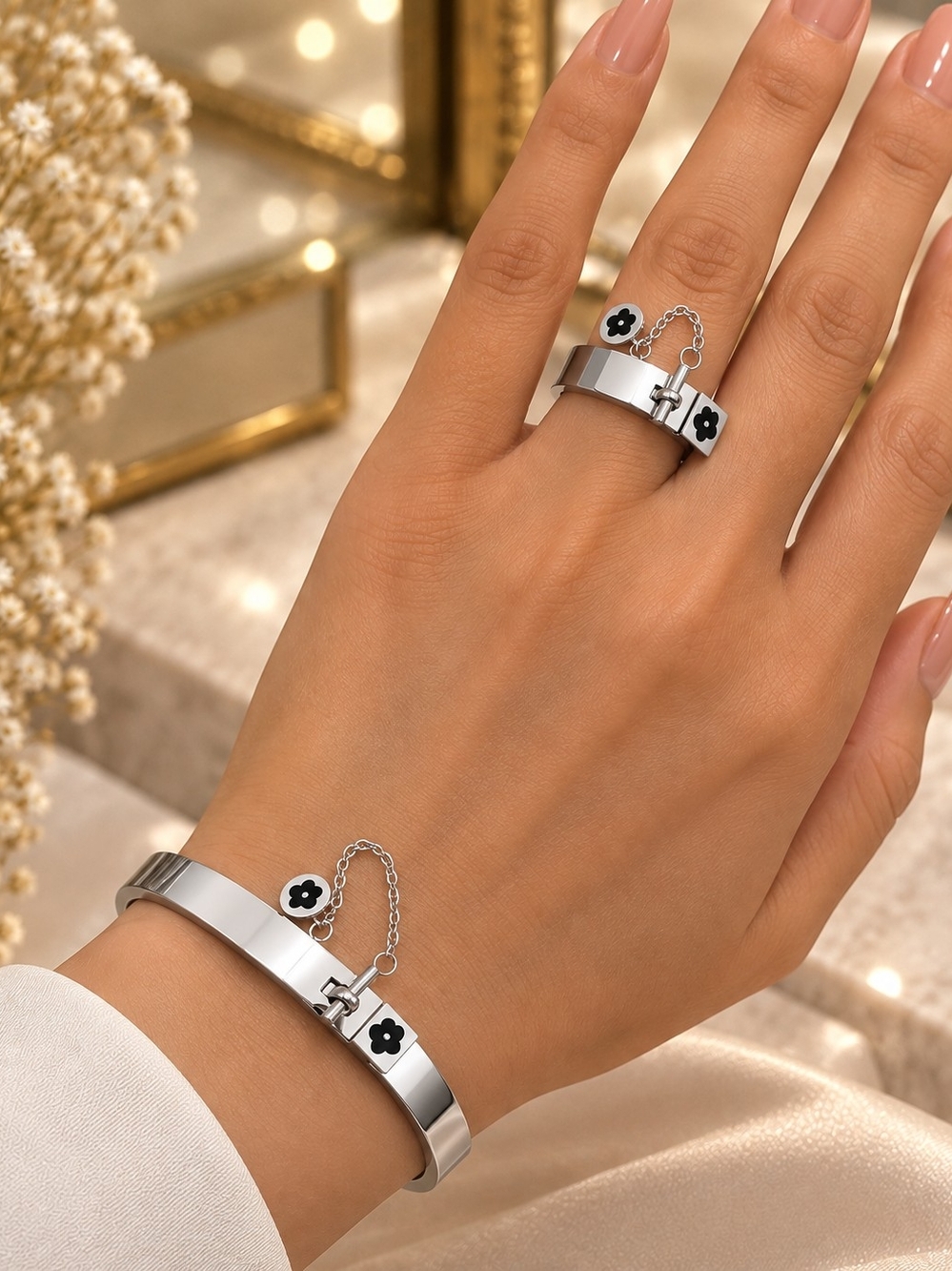 Silver Flower Padlock Bracelet & Ring Set